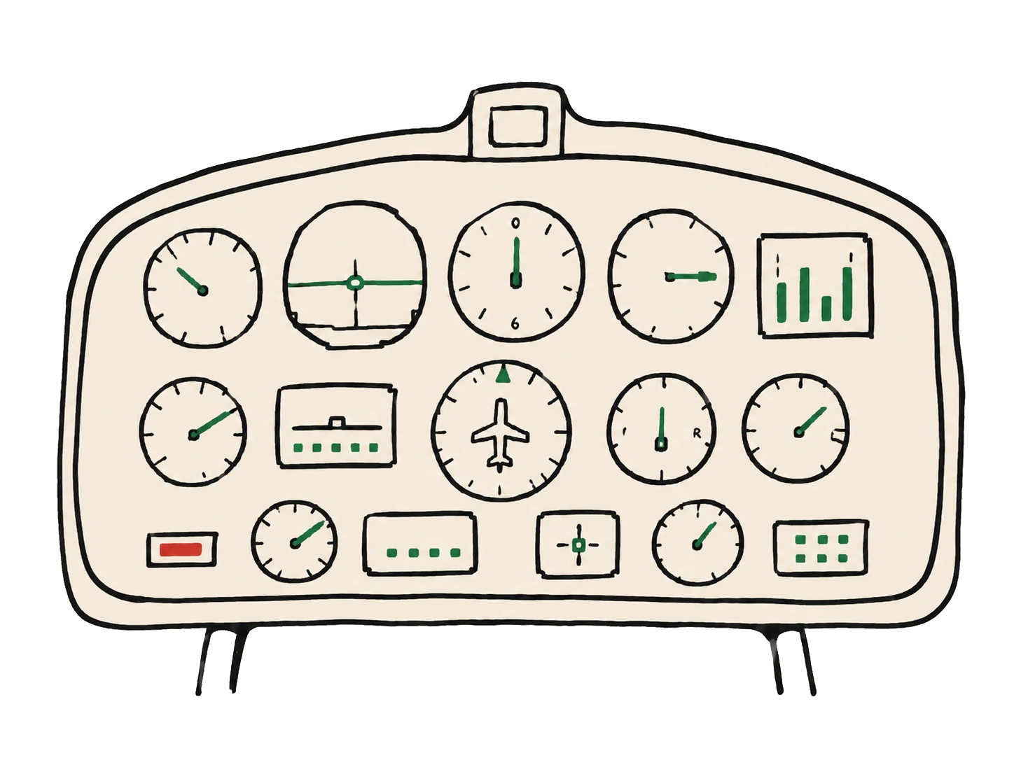 Un tableau de bord d’avion dessiné à la main. Quatorze instruments indiquent que tout va bien, en vert. En bas à gauche, un seul petit voyant rouge est allumé.